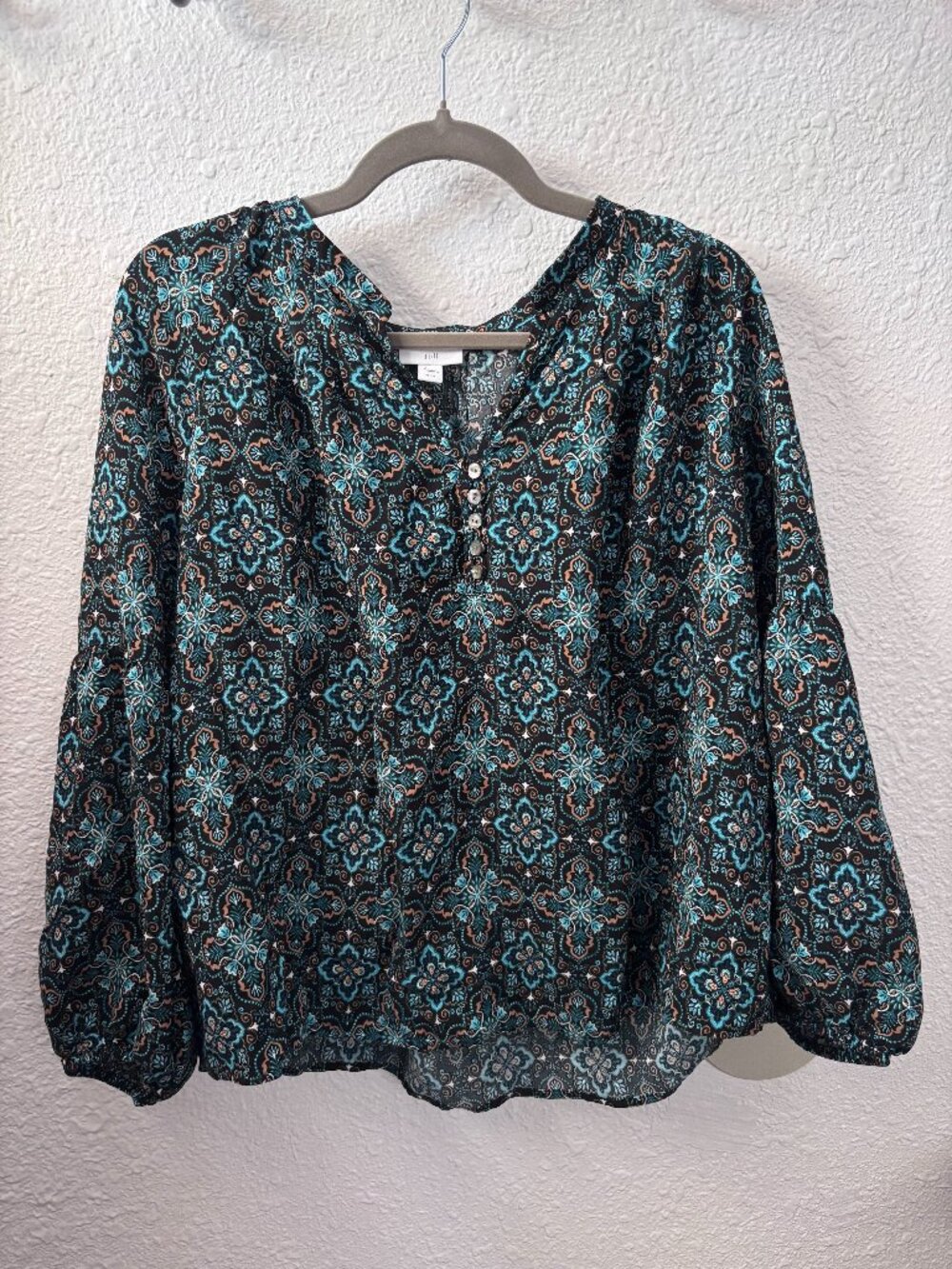 J.Jill Teal Paisley Print Flowy Peasant Blouse Large Petite Boho Artsy